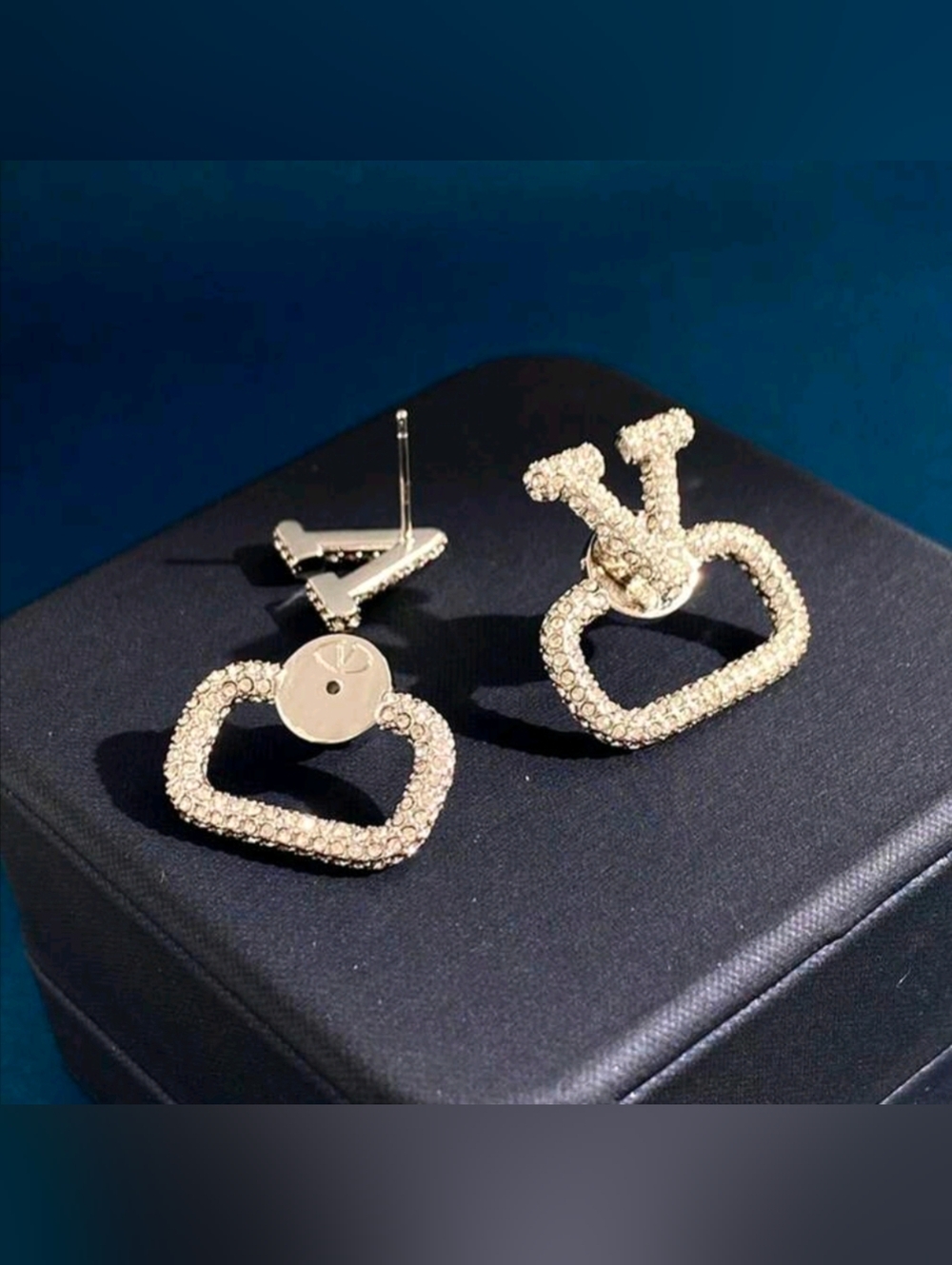 Crystal V Logo Open-Square Stud Earrings - Silver Tone - Picture 2 of 6